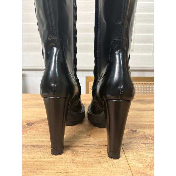 All Saints London Harlem Leather Knee High Black Boots Size 6 NWOB Sleek Edgy - Picture 14 of 16